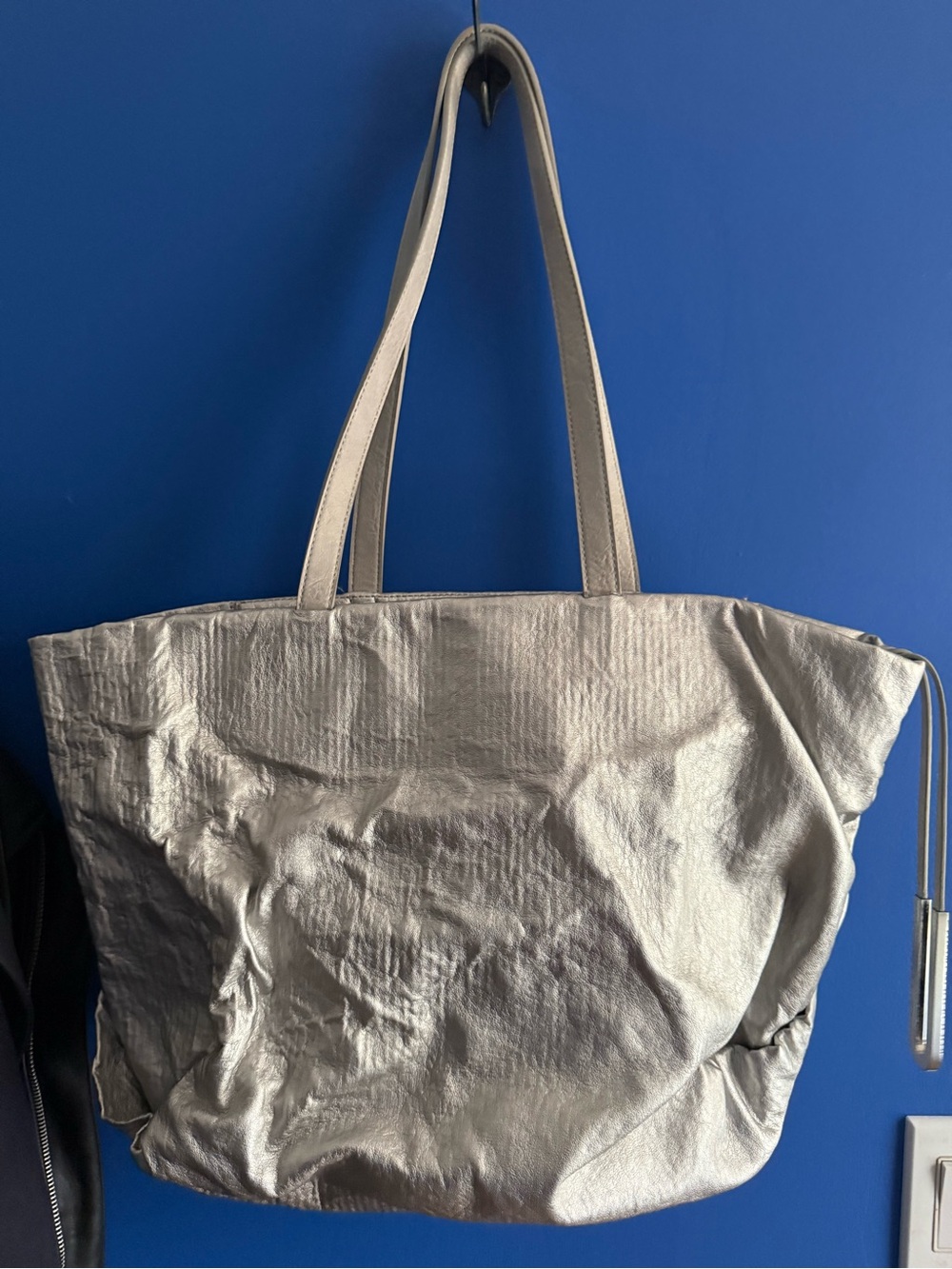 Adolfo Dominguez Metallic Silver Shoulder Tote